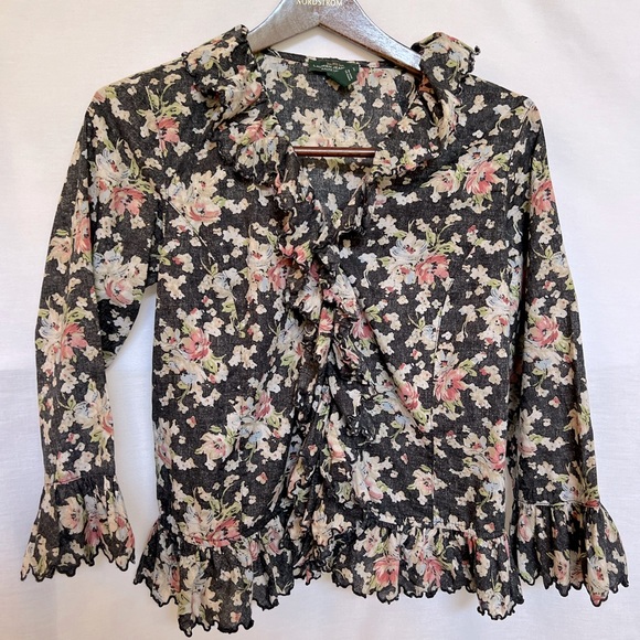 LRL Lauren Jeans Black Floral Ruffled Button Down Romantic Blouse.  Size S - Picture 1 of 15
